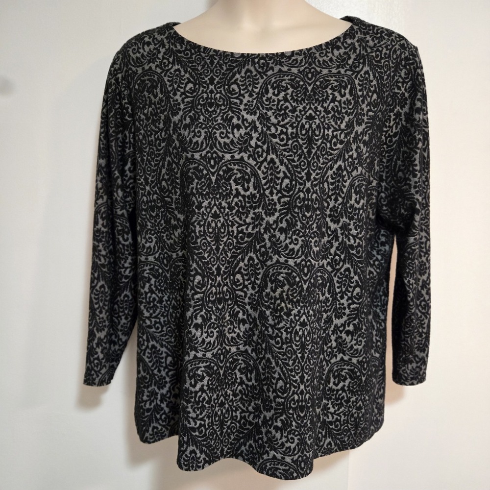 LOFT Plus Size 20/22 Gray Black Paisley‎ Stretch Long Sleeve Pullover Sweater